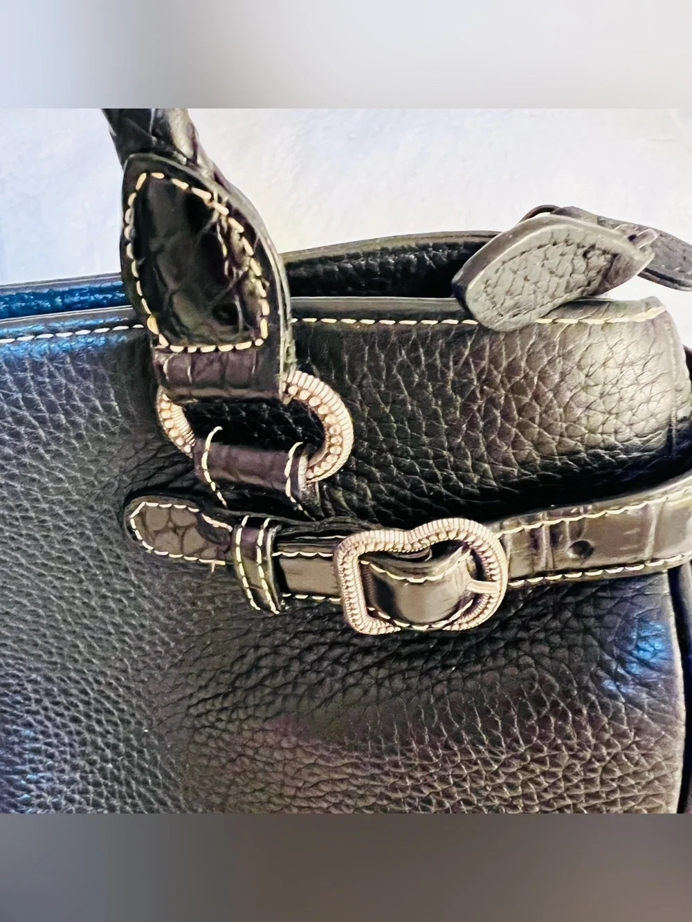 Brighton Black Pebbled Satchel Double Handles Zip Heart Charm Inner Pockets*
